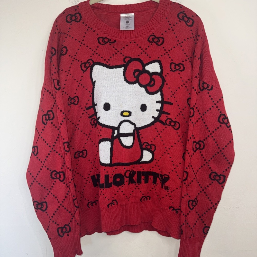 Hello Kitty Women's Sweater Plus Size 2XL Red Long Sleeve Pullover Bows